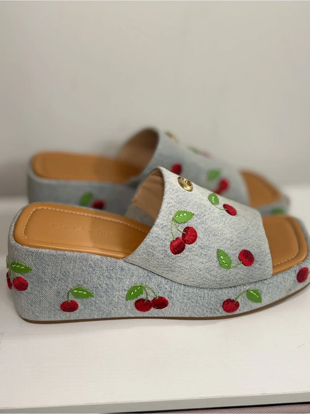 Coach Denim Slide Wedge Mules with Red Cherry Embroidery NWB